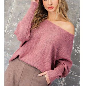 PINK EYELASH KNIT OFF-THE-SHOULDER SWEATER